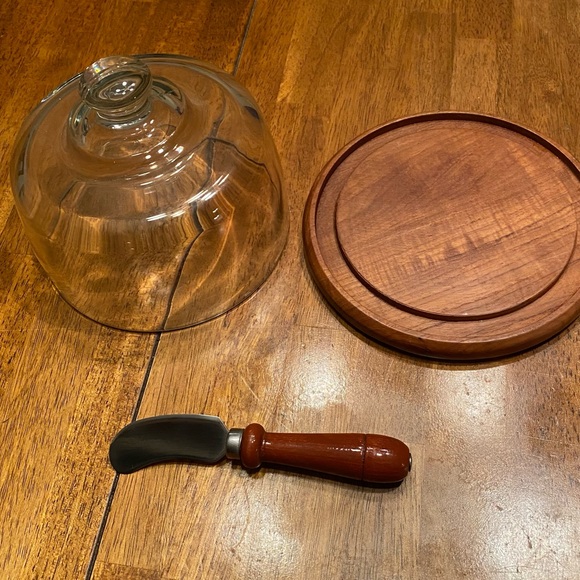 Vintage Dolphin Teakwood 7” Cheese Tray With Glass Dome Perfect! - Picture 2 of 3